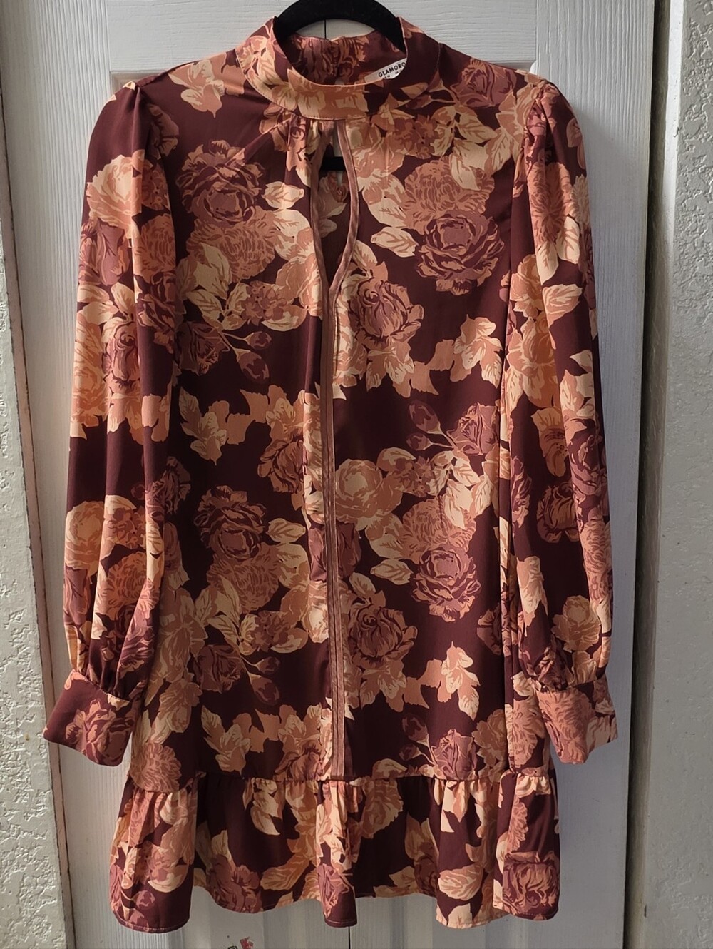 Glamorous Burgundy & Peach Floral Long Sleeve Mini Dress with Peach Roses 6
